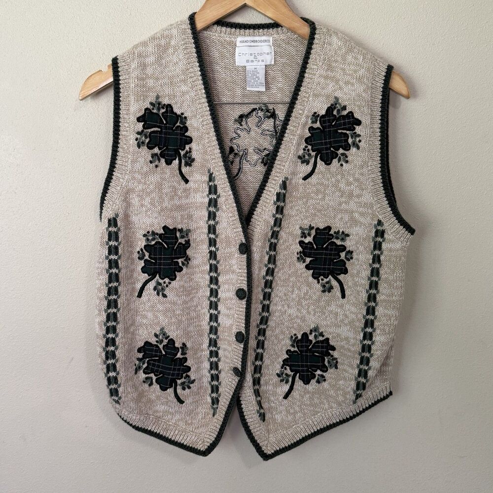 Vintage Christopher Banks Sweater Vest Womens M Hand Embroidered Shamrock Plaid